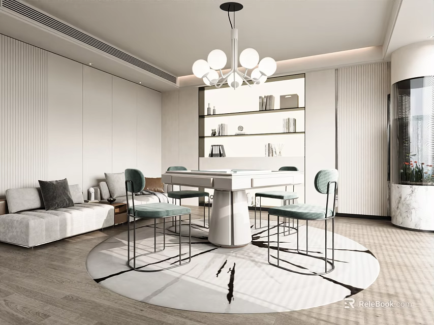Elegant Modern Hotel Mahjong Room Interior With Round Table Comfortable Sofa And Chandelier 3d model 