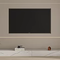 TV Stand with White Vase Camera Books and Figurine on Marble Top against Light Wall