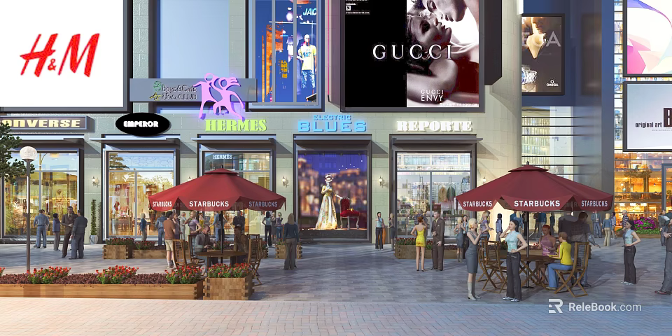 Bustling Commercial Street With Luxury Brand Stores Outdoor Seating And Shoppers 3d model 