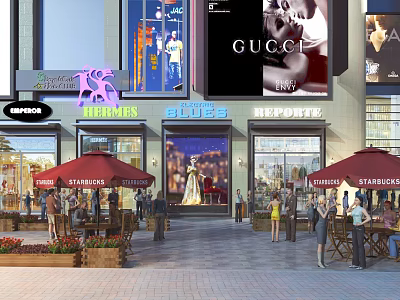 Bustling Commercial Street With Luxury Brand Stores Outdoor Seating And Shoppers 3d model