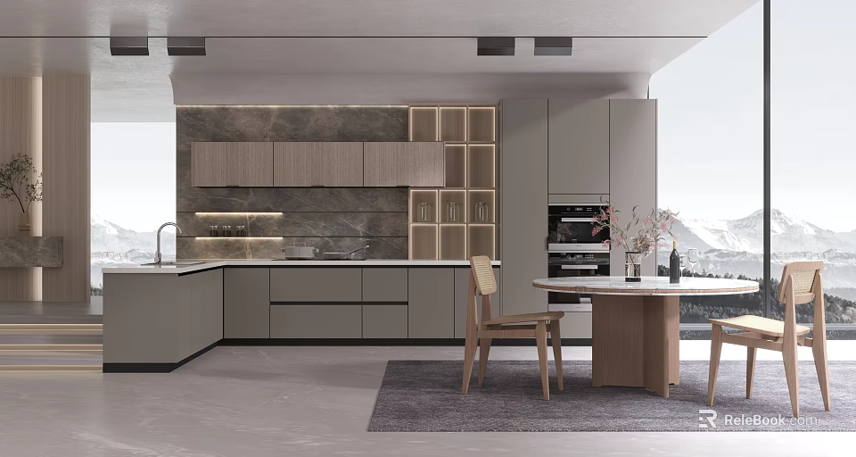 Modern Kitchen Interior With Marble Island Counter Wooden Cabinets And Dining Chairs 3d model 
