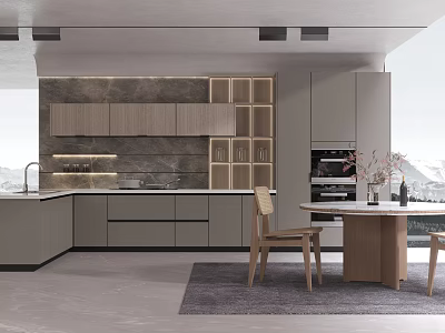 Modern Kitchen Interior With Marble Island Counter Wooden Cabinets And Dining Chairs 3d model