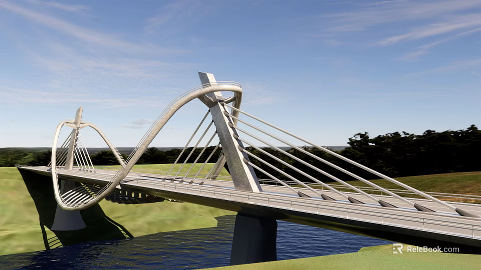 Modern Landscape Bridge With Arch Structure Cable Stayed Design Over Water And Green Fields 3d model