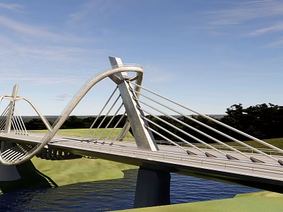 Modern Landscape Bridge With Arch Structure Cable Stayed Design Over Water And Green Fields 3d model