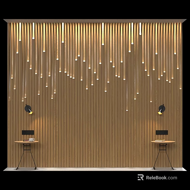 Bed Background Wall With Vertical Wooden Slats Hanging Decorative Lights Side Tables And Table Lamps 3d model 