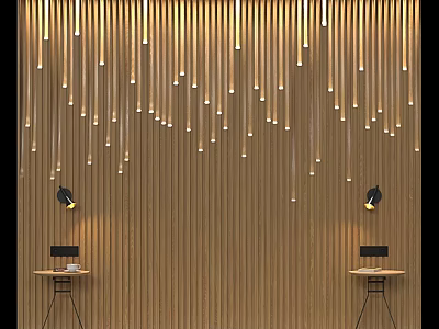 Bed Background Wall With Vertical Wooden Slats Hanging Decorative Lights Side Tables And Table Lamps 3d model