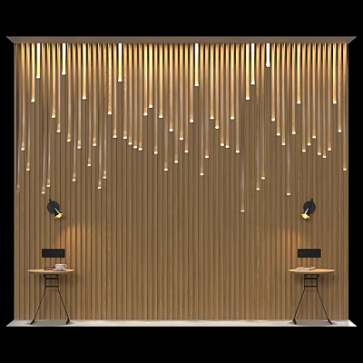 Bed Background Wall With Vertical Wooden Slats Hanging Decorative Lights Side Tables And Table Lamps 3d model