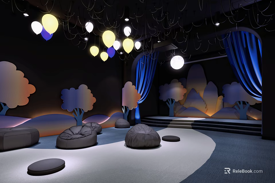 Kindergarten Interior With Colorful Spherical Lights Blue Curtains Tree Decorations Bean Bags And Curved Floor 3d model 