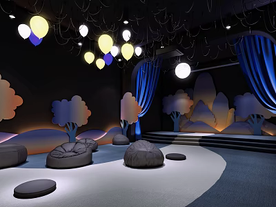 Kindergarten Interior With Colorful Spherical Lights Blue Curtains Tree Decorations Bean Bags And Curved Floor 3d model