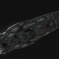Science Fiction Warship with Metallic Texture Surface Structures and Glowing Blue Lights Against Black Background