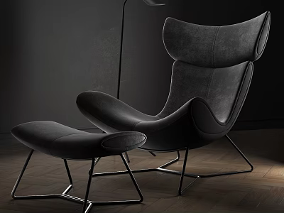 Black Modern Lounge Chair With Ottoman Leather Upholstery Metal Frame Dark Background And Wooden Floor 3d model