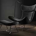 Black Modern Lounge Chair With Ottoman Leather Upholstery Metal Frame Dark Background And Wooden Floor
