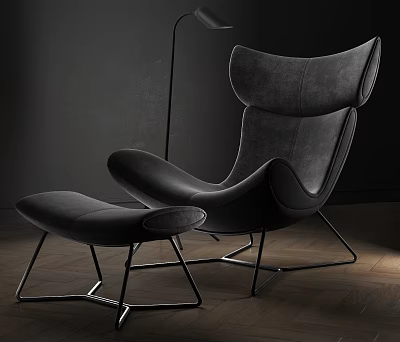 Black Modern Lounge Chair With Ottoman Leather Upholstery Metal Frame Dark Background And Wooden Floor 3d model