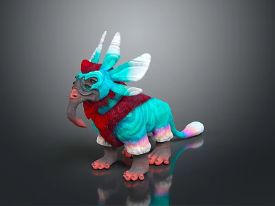 Colorful Horned Game and Movie Character With Large Ears Blue Green Fur and Red Chest 3d model
