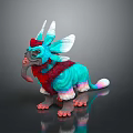 Colorful Horned Game and Movie Character With Large Ears Blue Green Fur and Red Chest