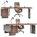 Modern Walnut Wood Office Desk With Leather Chair And Desk Lamp