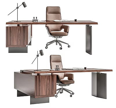Modern Walnut Wood Office Desk With Leather Chair And Desk Lamp 3d model