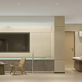 Modern Bath Center With Bathtub Wicker Chairs Large Screen TV Beige Tones Minimalist Design