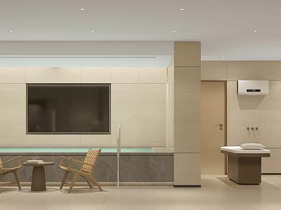Modern Bath Center With Bathtub Wicker Chairs Large Screen TV Beige Tones Minimalist Design 3d model