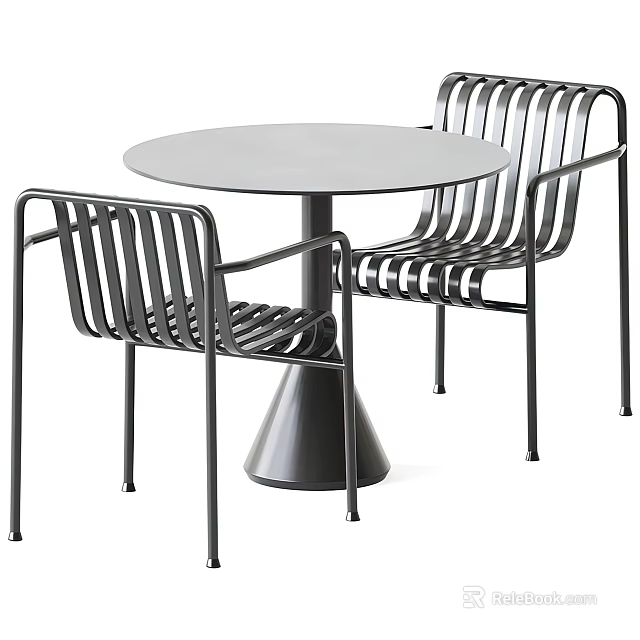 Sleek Modern Metal Table and Chair Set with Round Top Slatted Armchairs and Conical Base 3d model 