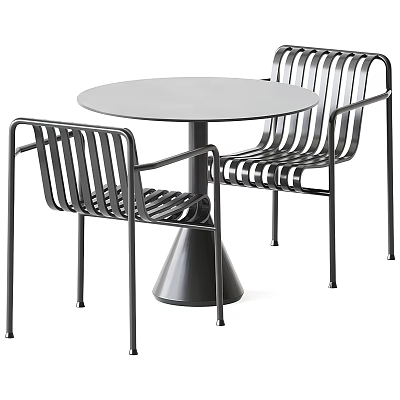 Sleek Modern Metal Table and Chair Set with Round Top Slatted Armchairs and Conical Base 3d model
