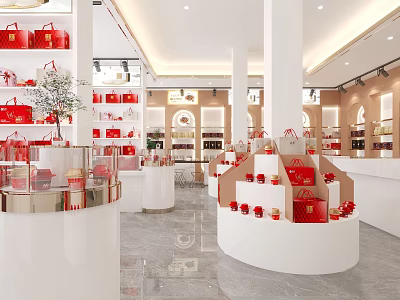 Boutique Store Interior With Red Handbags Display White Counters And Decorative Plants 3d model