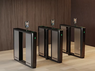 Modern Facial Recognition Turnstiles With Wooden Wall And Light Colored Floor 3d model