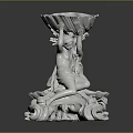 White Ceramic Garden Ornament With Two Putti Holding Bowl Shaped Container And Scroll Like Decorations