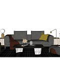 Gray Sofa Coffee Table Set with Yellow Cushion Brown Blanket Green Ottoman Black Plaid Rug