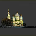 Church Building With Colorful Domes Green Walls Golden Spires And Trees