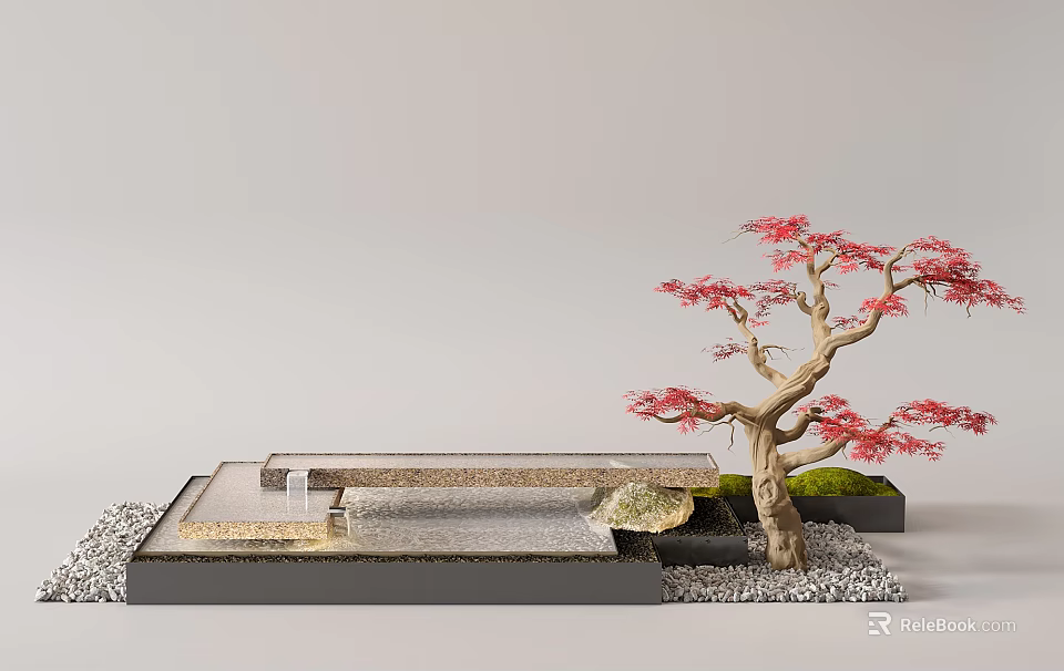 Natural Indoor Landscape With Red Leaf Tree Stone Path Gravel And Water Feature 3d model 