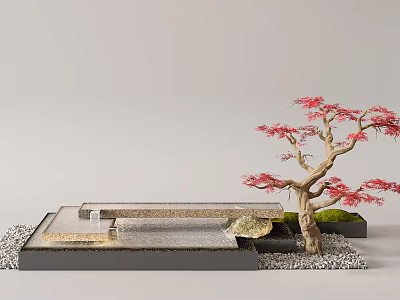 Natural Indoor Landscape With Red Leaf Tree Stone Path Gravel And Water Feature 3d model