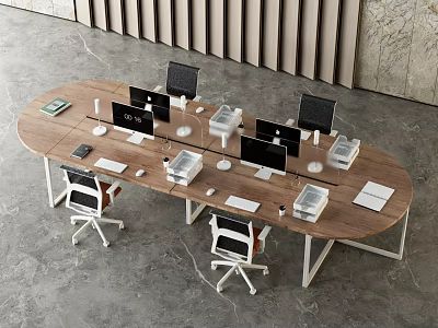 Modern Wooden Office Desk Workspace With Multiple Computers Ergonomic Chairs And Supplies 3d model