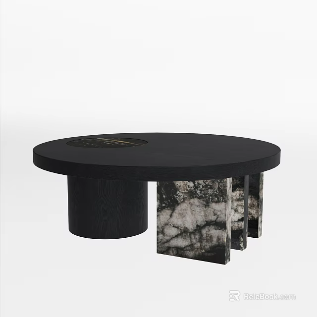 Stylish Black Round Coffee Table With Cylindrical Base And Marble Pattern Panels 3d model