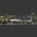 Cartoon Scene of Traditional Japanese Village with Thatched Roof Houses and Green Trees