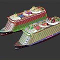 Two Detailed Cruise Ship Models With Colorful Decks And Structures