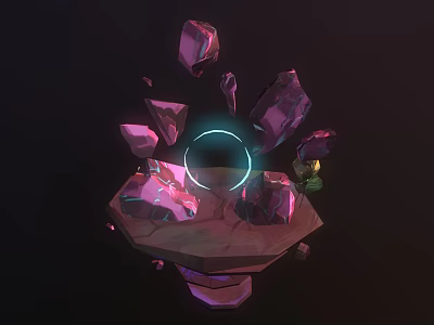3D Rendered Scene With Hexagonal Platform Purple Pink Polygonal Crystals And Glowing Blue Ring 3d model