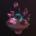 3D Rendered Scene With Hexagonal Platform Purple Pink Polygonal Crystals And Glowing Blue Ring