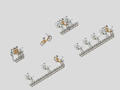 Multiple Colored Bicycles On Tracks And Isolated Illustrations On Gray Background 3d model