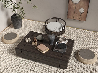 Quiet Ancient Tea Table Cushion Bamboo Bonsai 3d model