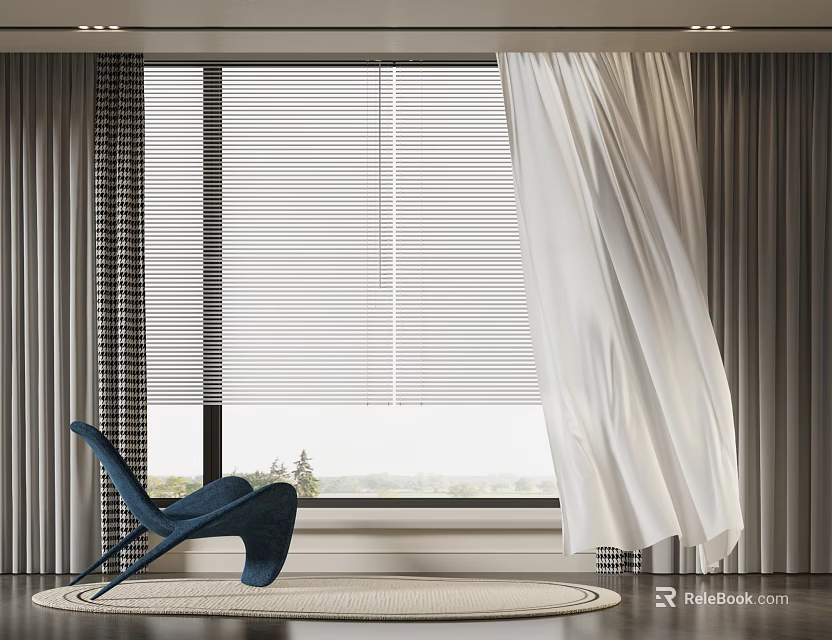 Modern Window Curtains Design With White Drapes Gray Striped Panels And Blinds For Elegant Interior 3d model 