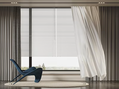 Modern Window Curtains Design With White Drapes Gray Striped Panels And Blinds For Elegant Interior 3d model