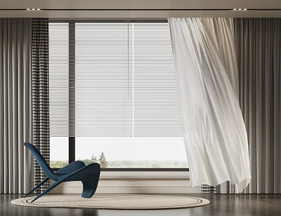 Modern Window Curtains Design With White Drapes Gray Striped Panels And Blinds For Elegant Interior 3d model