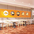 Bright Restaurant Interior With Wooden Tables Chairs Large Windows Orange Walls And Food