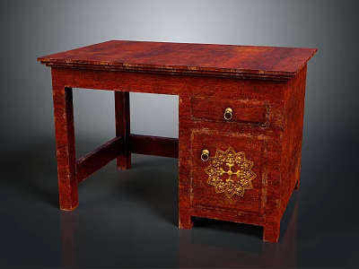 Red Wooden Desk With Drawer And Golden Pattern Cabinet For Home Use 3d model