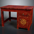 Red Wooden Desk With Drawer And Golden Pattern Cabinet For Home Use