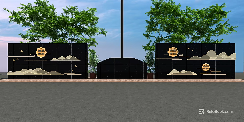 National Flag Waving On Flagpole With Green Trees And Black Walls Featuring Golden Designs 3d model 