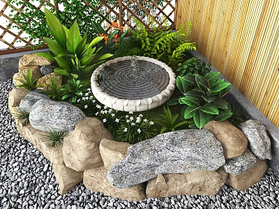 Tranquil Garden Landscape With Circular Stone Fountain Green Plants Large Rocks Gravel And Bamboo Fence 3d model