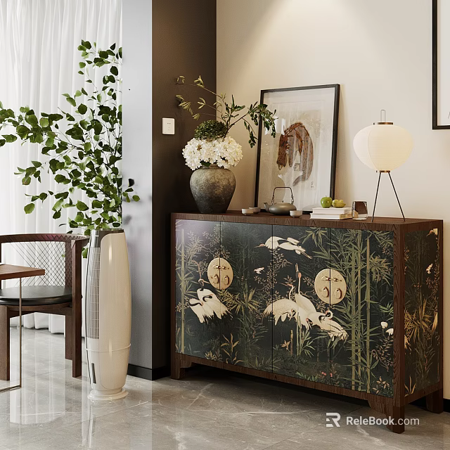 Traditional Wooden Cabinet With Crane Bamboo Patterns White Flower Vase And Table Lamp 3d model 