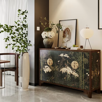 Traditional Wooden Cabinet With Crane Bamboo Patterns White Flower Vase And Table Lamp 3d model